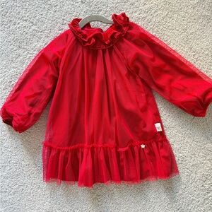 Tartine et Chocolat Red Ruffled Long Sleeve Tulle Dress